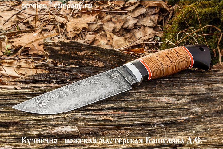Нож Сибирь из дамасской стали, береста